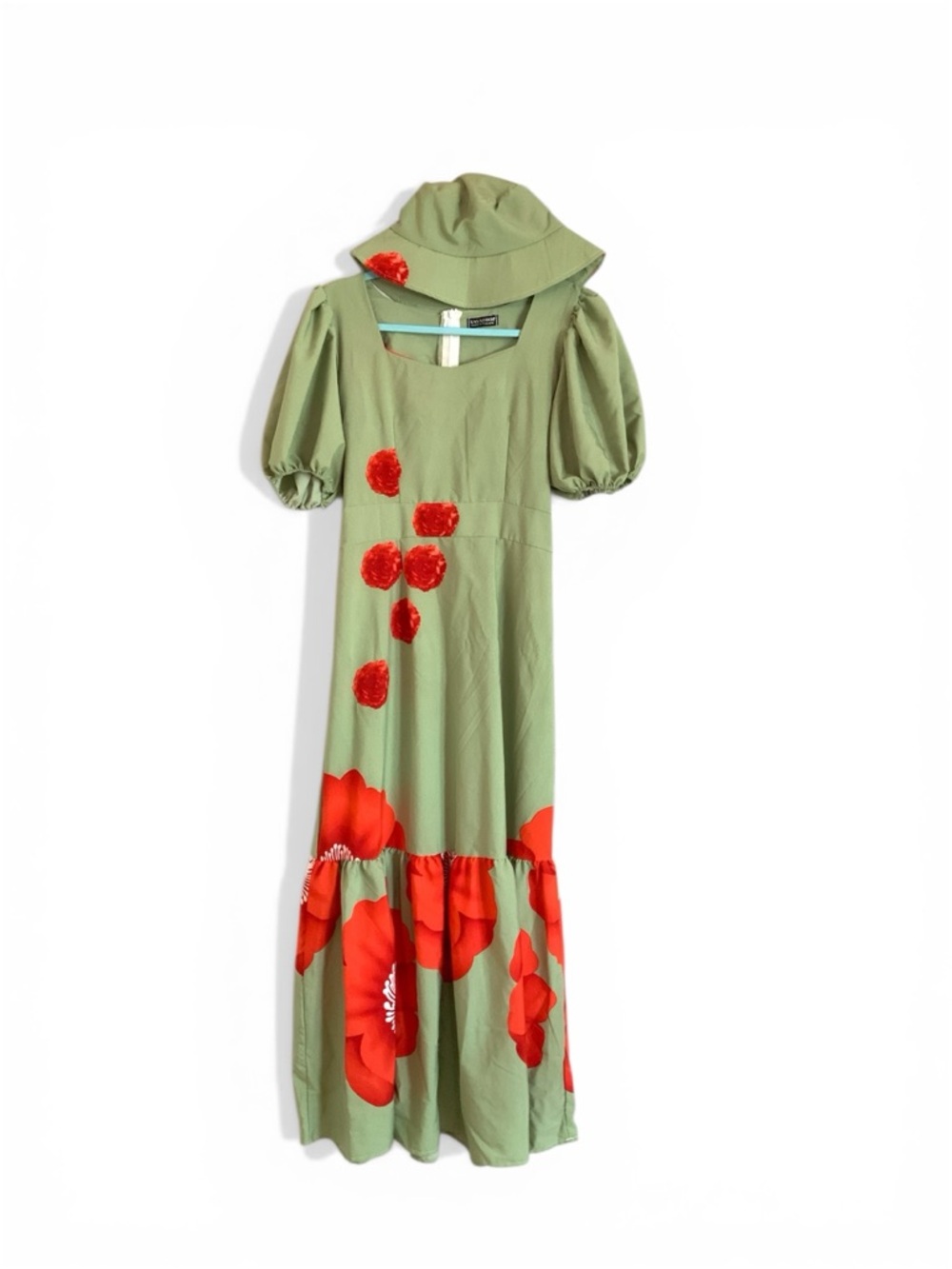 Olive Green Maxi Dress with Red Floral Accents